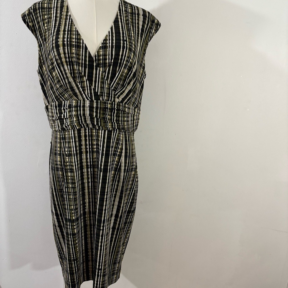 Calvin Klein Womens Dress Olive Green Brown White Stripe Print Size 12 Stretch